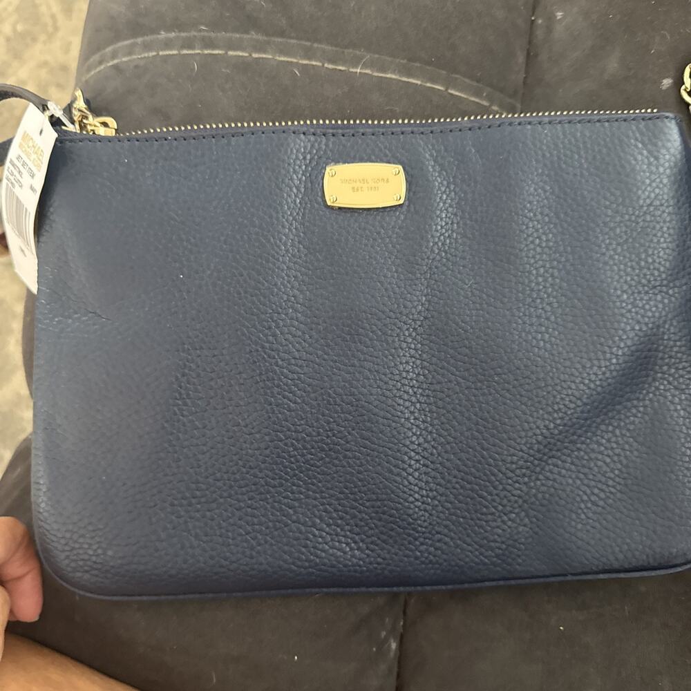 Michael Kors Admiral Navy blue Perforated Leather XL Zip Wristlet/Clutch NWT